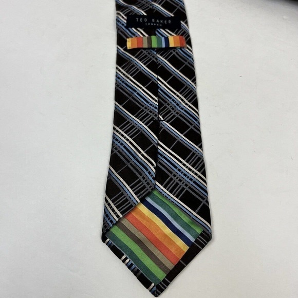 Ted Baker London Brown Blue 100% Silk Neck Tie Plaid - Picture 4 of 6